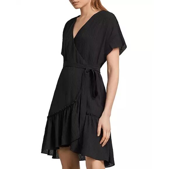 All Saints Rene Ruffle Bottom Short Sleeve Wrap Dress Black - Picture 5 of 9
